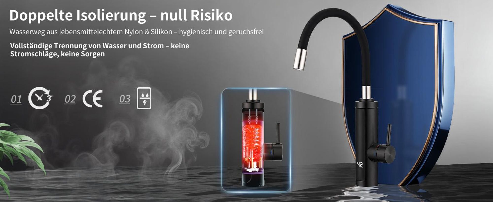 HOMELODY Elektrischer Wasserhahn mit Durchlauferhitzer 3300W, Armatur Küche 304 Edelstahl mit 360° Flexibler Schlauch LED Temperaturanzeige Schwarz