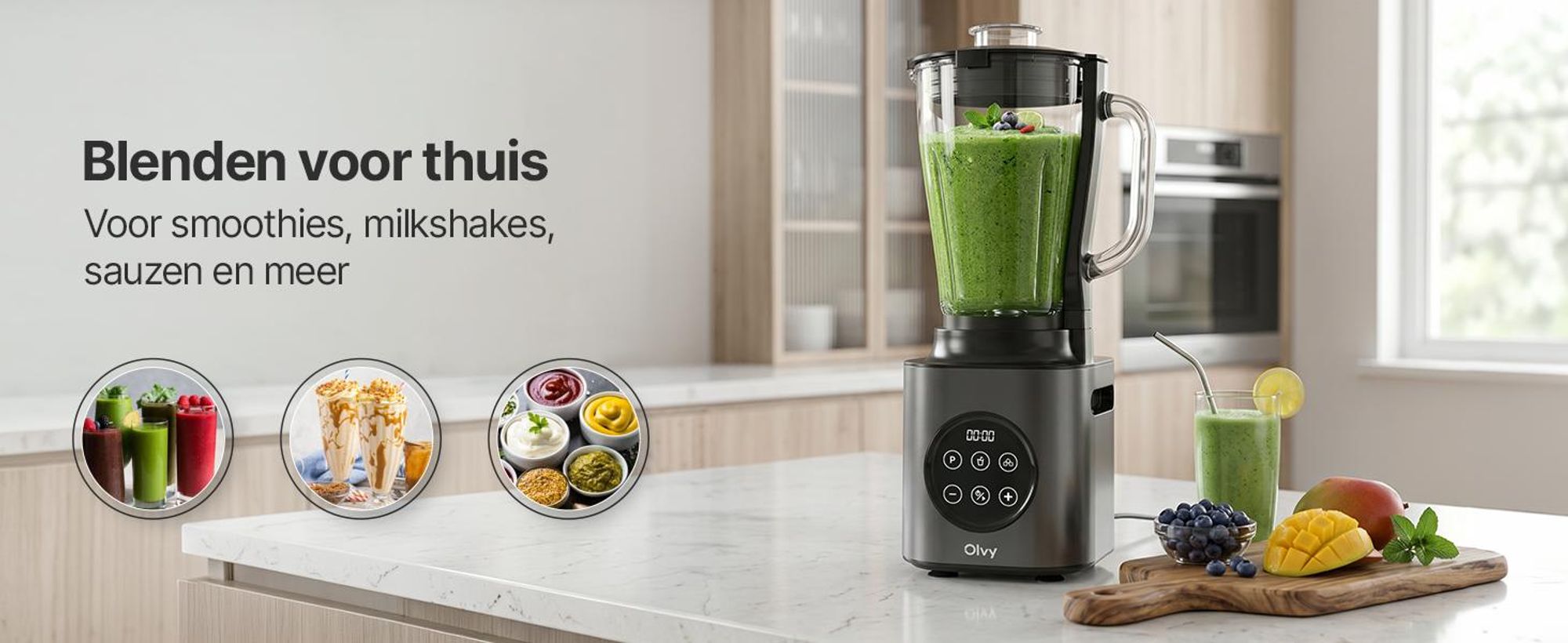 Olvy staafmixer, 1000W, met 1,5 liter glazen kan en 600 ml Tritan-beker, 9 standen, pulsefunctie, ijsvermaal functie, smoothie- en milkshakefunctie