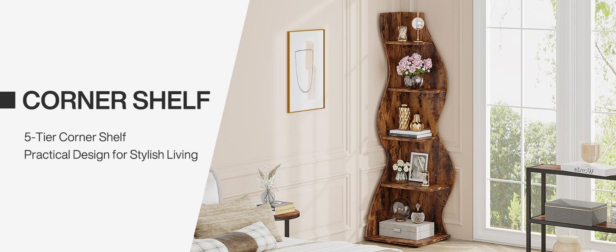 Tribesigns Eckregal, 183 cm hoch, Lagerregal, Bücherregal, Pflanzenständer, Organizer-Einheit, 5 Stufen, Modern, für Zuhause, Büro, Wohnzimmer, Braun