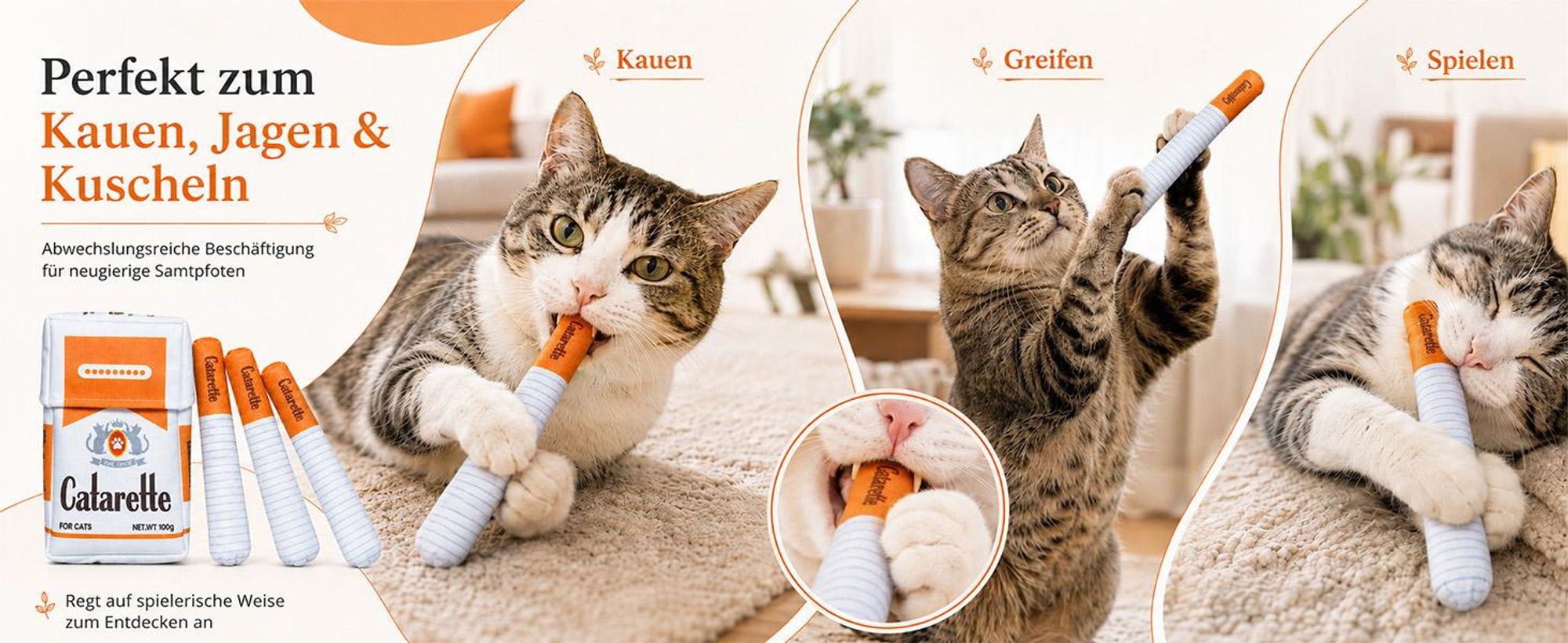 Catarette Katzenzigarette – Katzenspielzeug mit Katzenminze, 3er-Set aus Plüsch, Orange