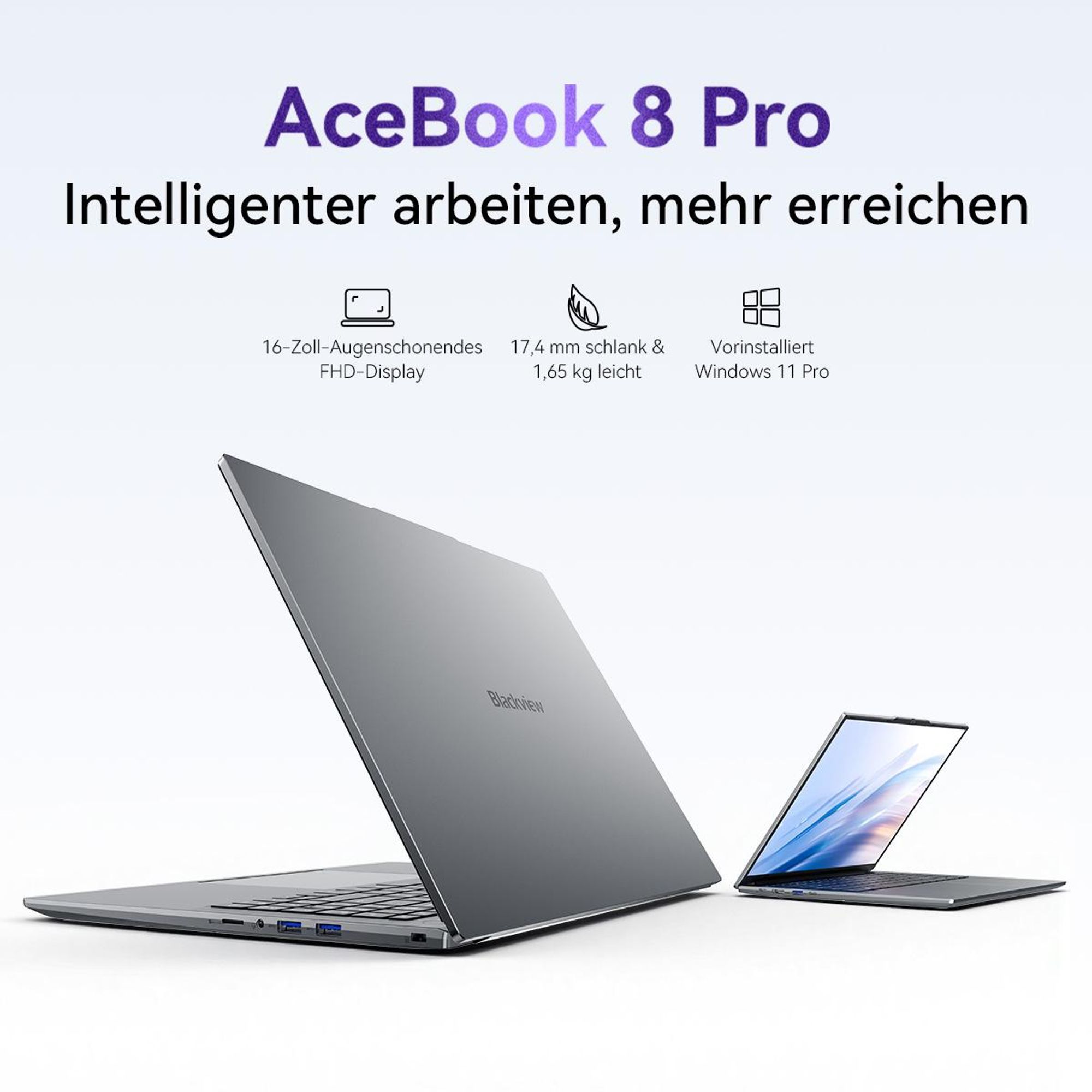 Blackview AceBook 8 Pro, 16" FHD, AMD Ryzen™ 7 3700U, 16GB RAM, 512GB SSD, Windows 11 Pro, 17,4mm dünn, 1,65kg leicht, Silikon-Tastaturschutz DE