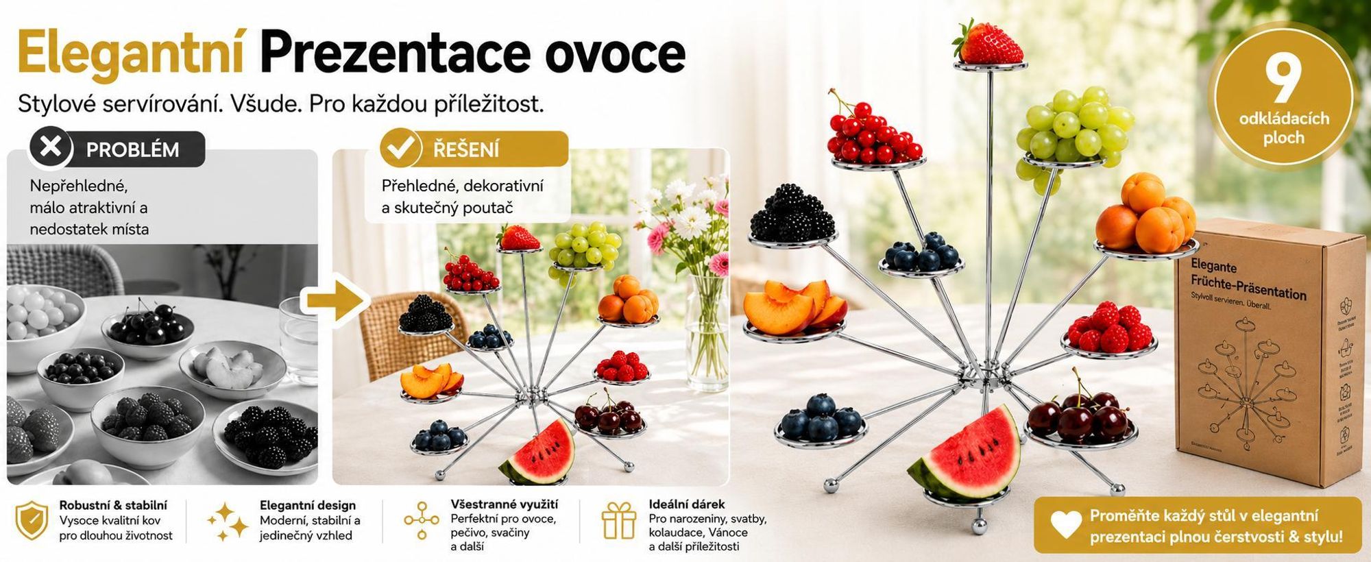 Závěsná kovová mísa na ovoce z ručně pájeného kovu, moderní etážérka na ovoce – EXPLOFRUIT