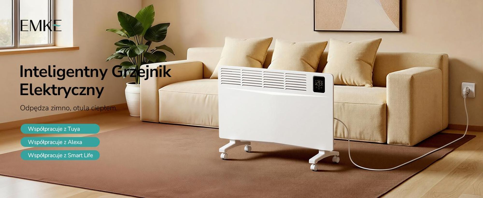 Grzejnik konwektorowy EMKE 2000 W z WiFi i aplikacją, energooszczędny grzejnik elektryczny, grzejnik ścienny i stojący z kółkami, timer 24/7, biały