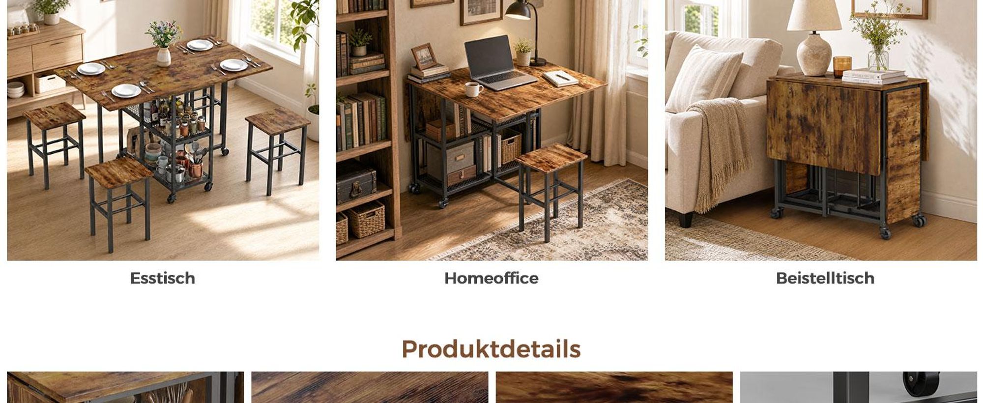 Mondeer Faltbarer Tisch mit 4 Hockern und Ablageflächen, mobiles Ess-Set mit 6 Rollen für Küche & Wohnzimmer 120x70x75cm Rustikales Braun