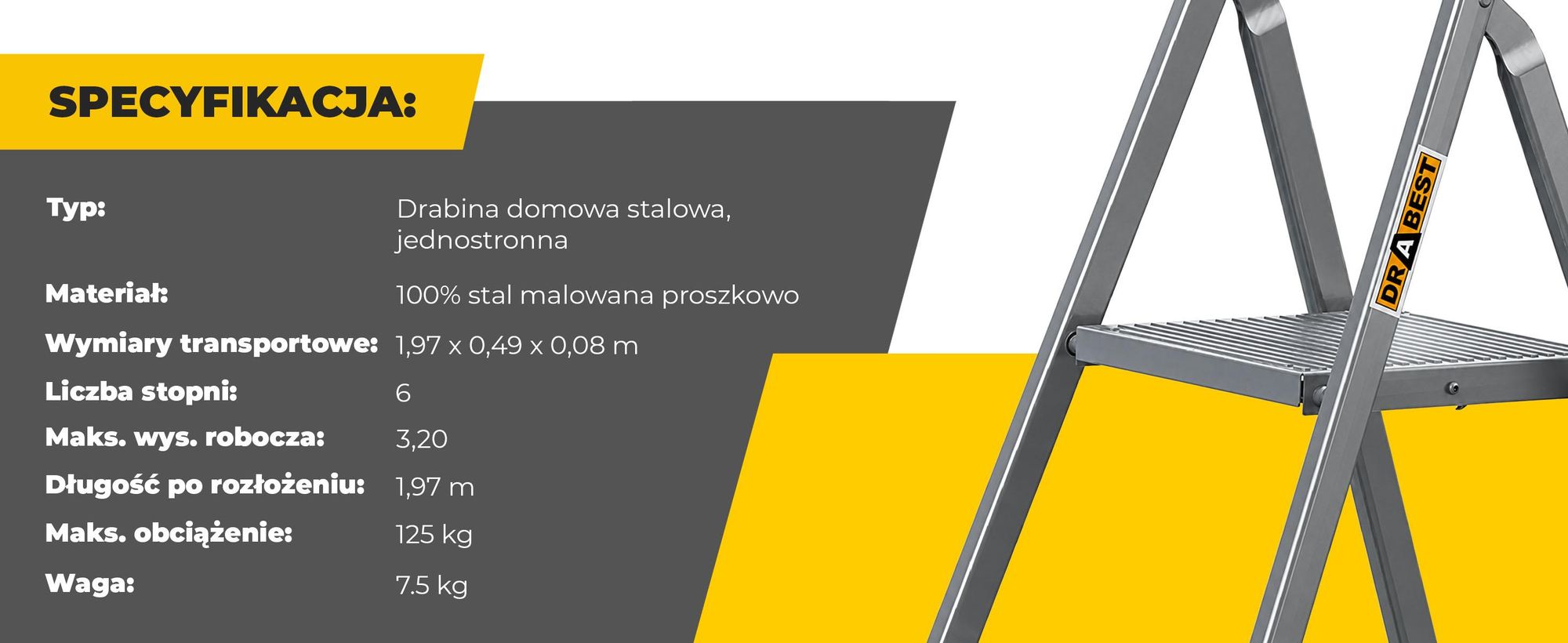 DRABEST | Drabina stalowa jednostronna 6-stopniowa składana, wysokość robocza 3,2 m, udźwig 125 kg, antypoślizgowe stopnie