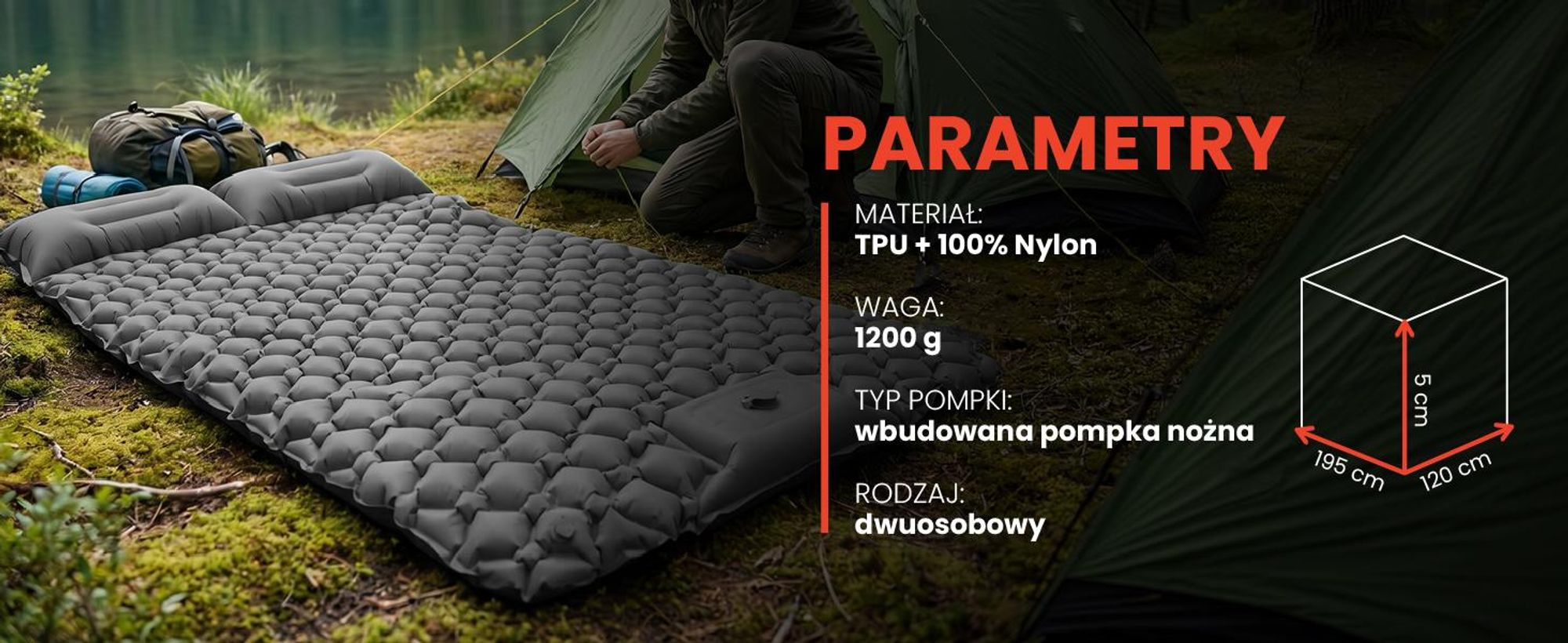 Dwuosobowy materac turystyczny w kolorze szarym samopompujący się lekki