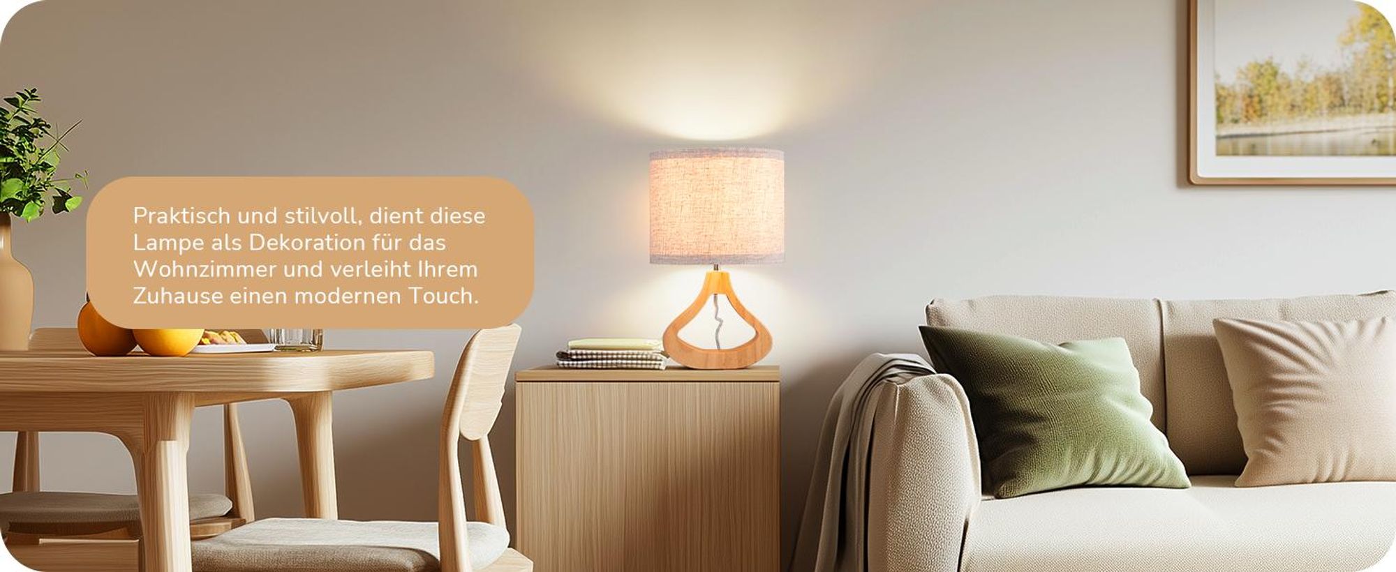 EDISHINE Nachttischlampe aus Holz, Tischlampe mit E27 Leuchtmittlel, Moderne Beige Tischleuchte Vintage für Wohnzimmer, Schlafzimmer