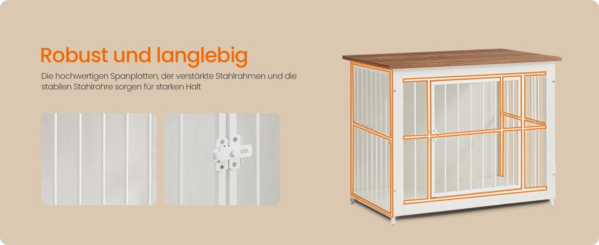 FEANDREA Hundehütte Indoor, stabiler Hundekäfig, Hundebox mit 2 Türen, 82 x 55 x 64 cm, weiß-braun