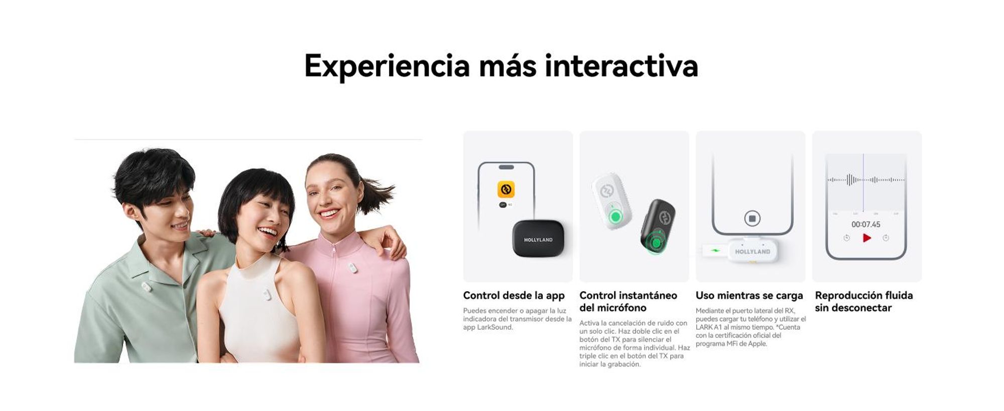 Hollyland Lark A1: Micrófono inalámbrico para iPhone y Android, con resolución de 48 kHz/24 bits, supresión inteligente de ruido y diseño mini magnético, ideal para YouTube
