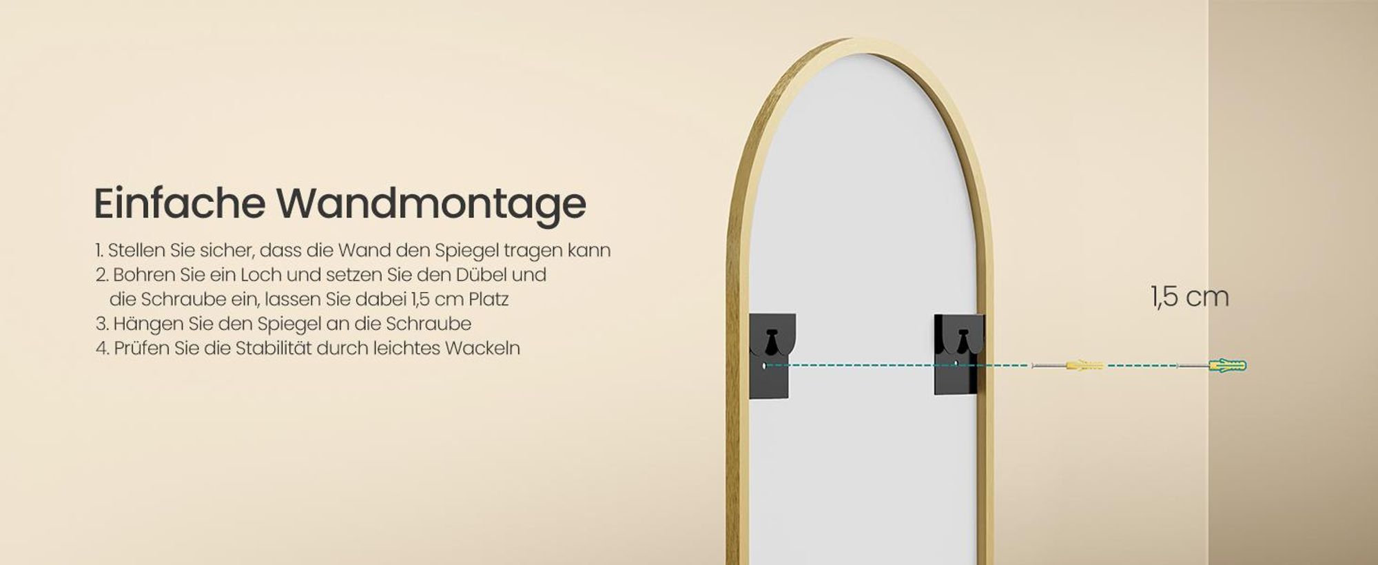 SONGMICS Ganzkörperspiegel mit Vergrößerungsspiegel, Sicherheitsglas, gewölbt, 150 x 40 cm, gold