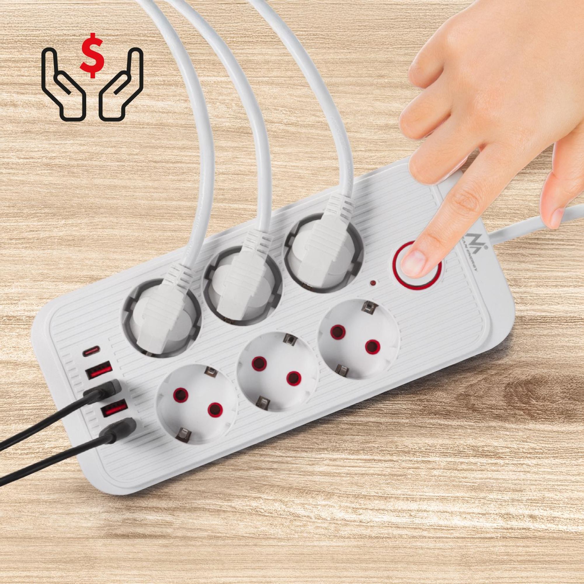 Maclean Steckdosenleiste 6-fach Verlängerungskabel + 4xUSB 110-240V AC 50/60Hz 2,1A max 2500W 1,5 m weiß MCE389 W