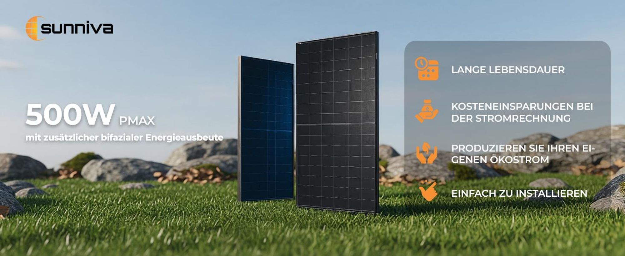 SUNNIVA® Solarmodul 4x 500 W FULL BLACK Bifazial Glas/Glas PV Modul Solarpanel - PMax 2000W (4x500W) Bifacial N-Type, für Balkonkraftwerk oder PV Sola