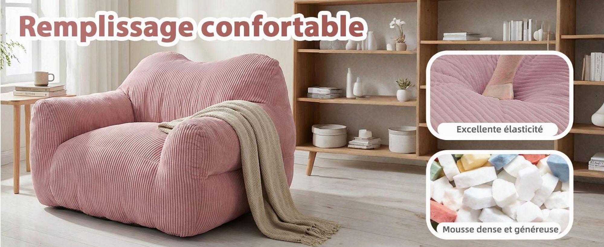 Pouf XXL pour adulte avec rembourrage en mousse, canapé de sol carré