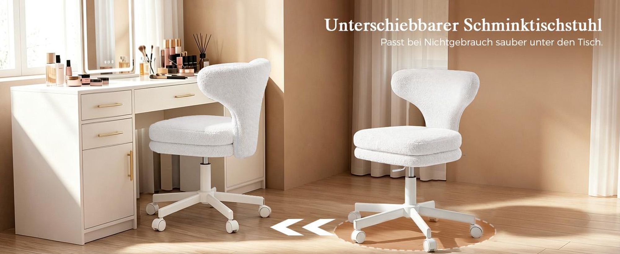 COMHOMA Schminkstuhl mit Rollen, Schminkstuhl mit Umschließender Rückenlehne, Höhenverstellbarer Drehstuhl, Niedlicher Bürostuhl für Schlafzimmer,Home