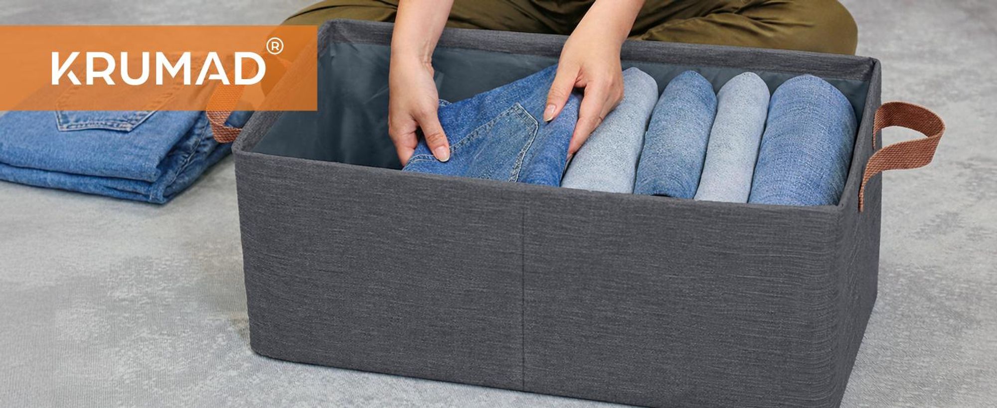 KRUMAD Aufbewahrungsbox Stoff faltbar 47x28x20 cm – Kleiderschrank Organizer Box ohne Deckel für Kleidung & Schrankorganisation, Grau