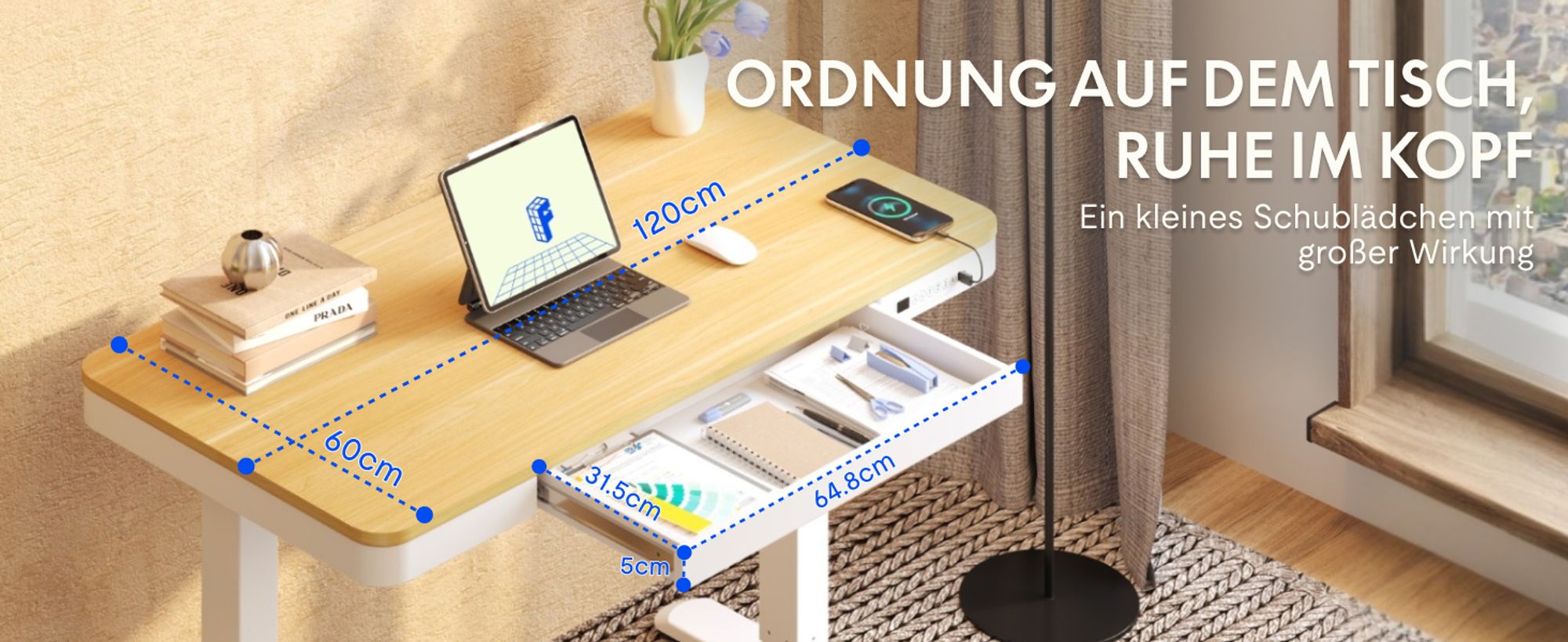 FLEXISPOT Q3 Höhenverstellbarer Schreibtisch  Elektrisch mit Schublade, USB-C, 4 Speicherplätzen, Antikollisionsschutz, LED-Display 120x60cm (Ahorn)