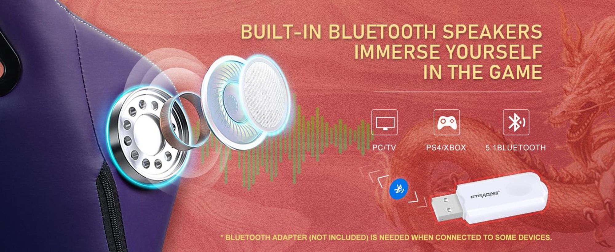 GTPLAYER Krzesło dla graczy Krzesło dla graczy z głośnikami Bluetooth i podnóżkiem, krzesło biurowe Dragon Series, ergonomiczne krzesło obrotowe, krzesło komputerowe Fioletowy