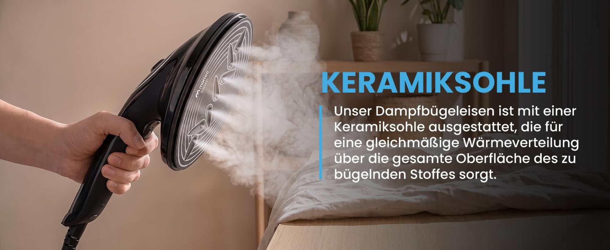 Dampfbügelstation mit Dampf Bügeleisen Maltec SteamCare2500W, 35g/min Dampfaustritt, Wassertank 600ml, Vorheizzeit 40 s, einfache Entkalkung
