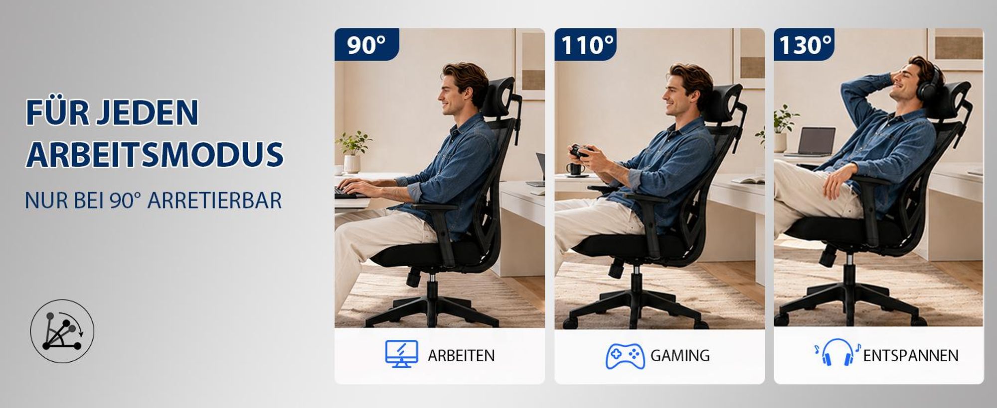 Bürostuhl, Ergonomischer Bürostuhl, Schreibtischstuhl mit Kopfstütze, Große Armlehnen Bürostuhl, Drehstuhl, Chefsessel, Belastbarkeit 200kg