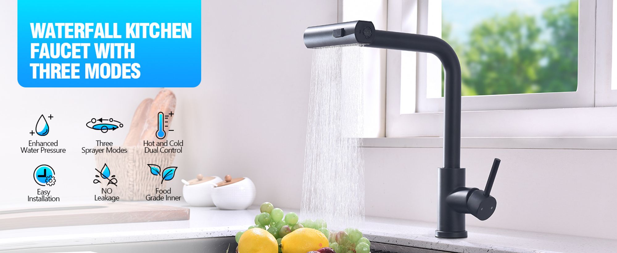 HOMELIVE Küchenarmatur Schwarz – 360° Schwenkbarer Wasserhahn Küche, Ausziehbare Spültischarmatur mit Brause, 3 Strahlarten für Flexibles Arbeiten