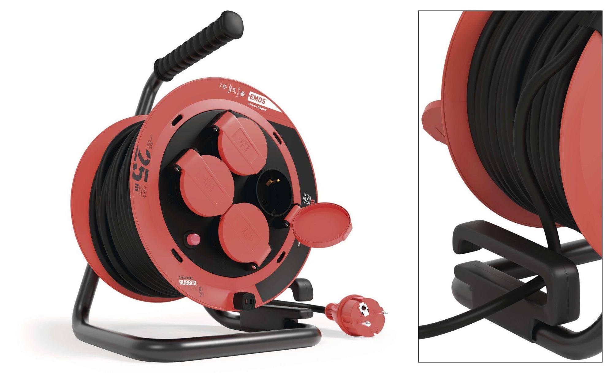 EMOS Kabeltrommel 25m, 4 Steckdosen, Spritzwassergeschützt, schlagfest, 230V, 10A, 2300W, Gummi-Isolierung, H05RR-F3G 1,0 mm2, IP44 für Außen, P082251