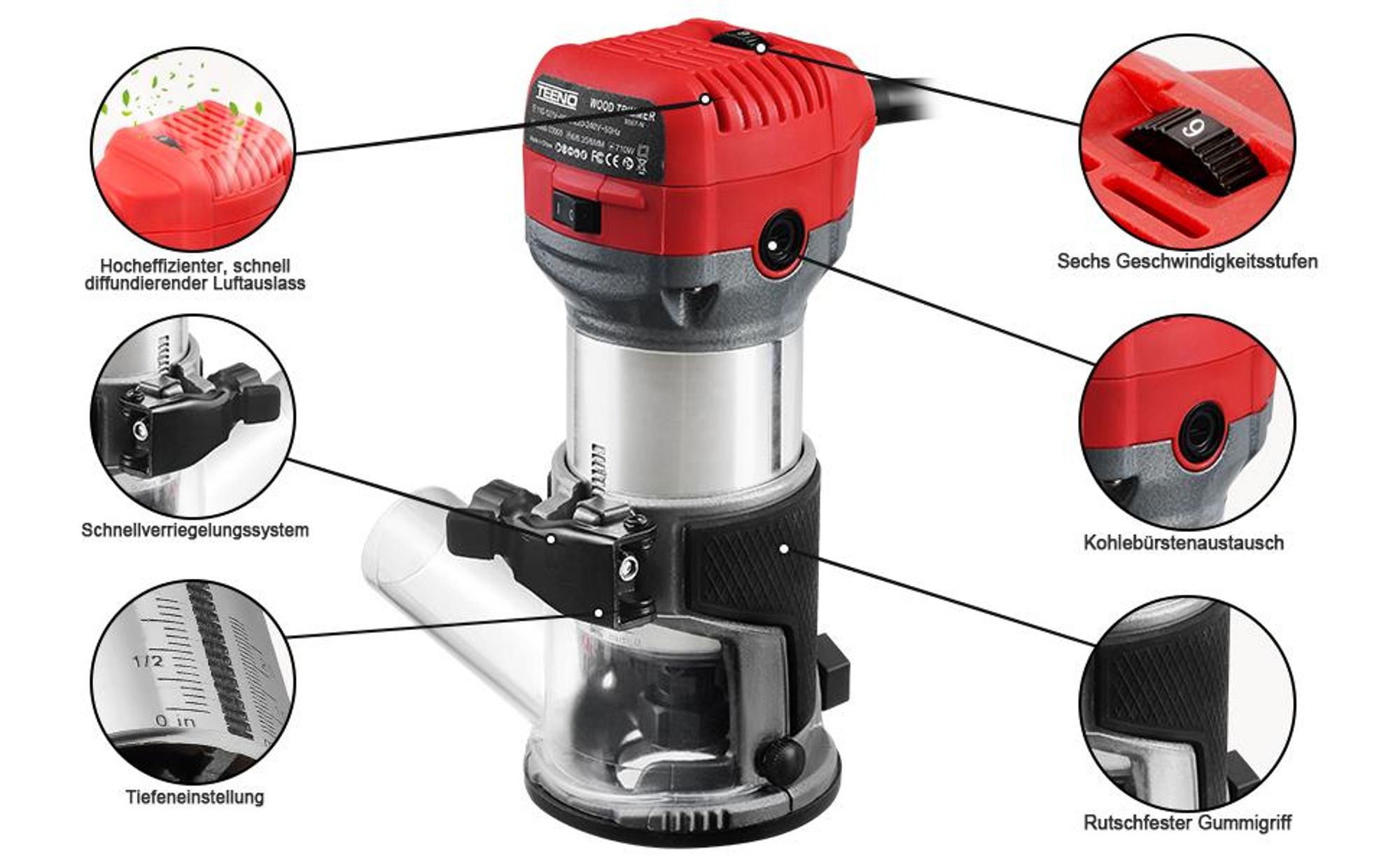 TEENO Oberfräse 800W 13000–33000 U/min mit Plastikbox, Elektrik Hand Holz Oberfräse Kantenfräse Mit 15 Stück 1/4" Fräsen Cuter,6 Geschwindigkeitsstufe