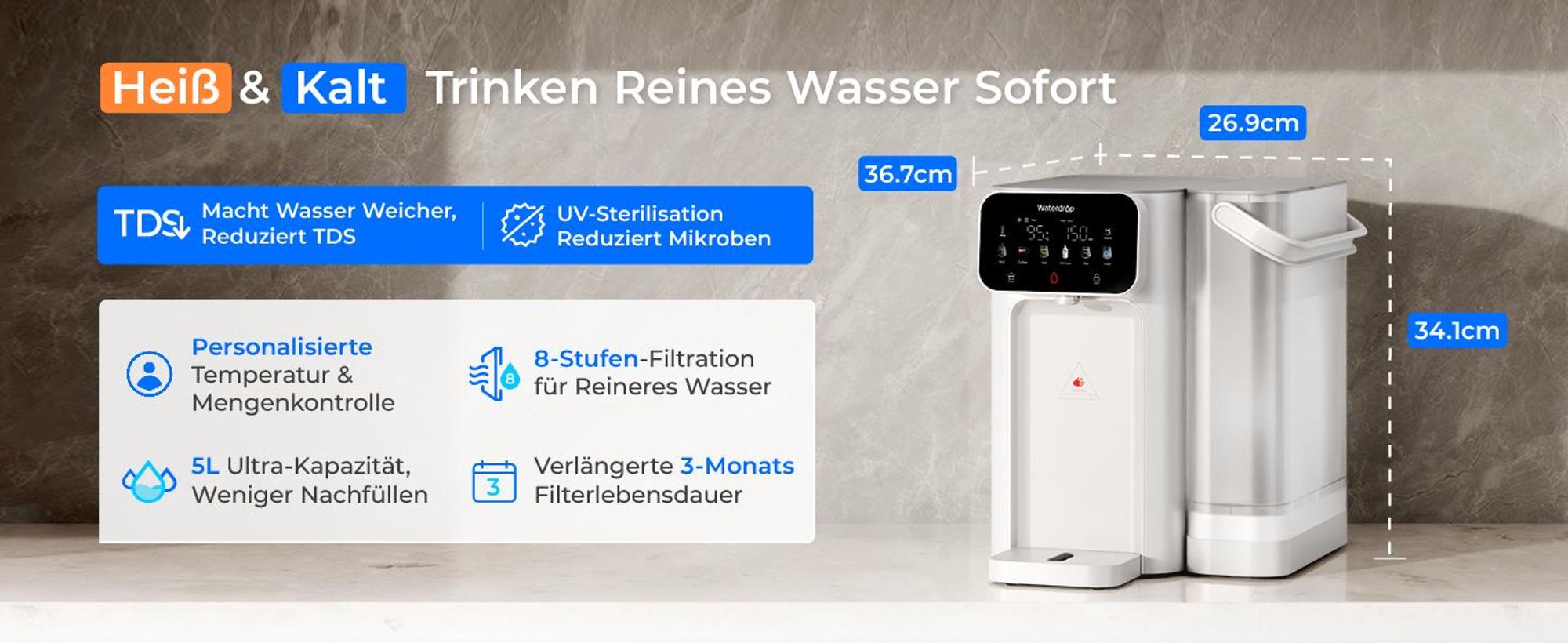 Waterdrop CT01 Heiß & Kalt Wasserspender mit Filter, Reduziert TDS, Kalk & Chlor, Erhält Wichtige Mineralien, 8-Stufen-Filtration mit UV-Sterilisation