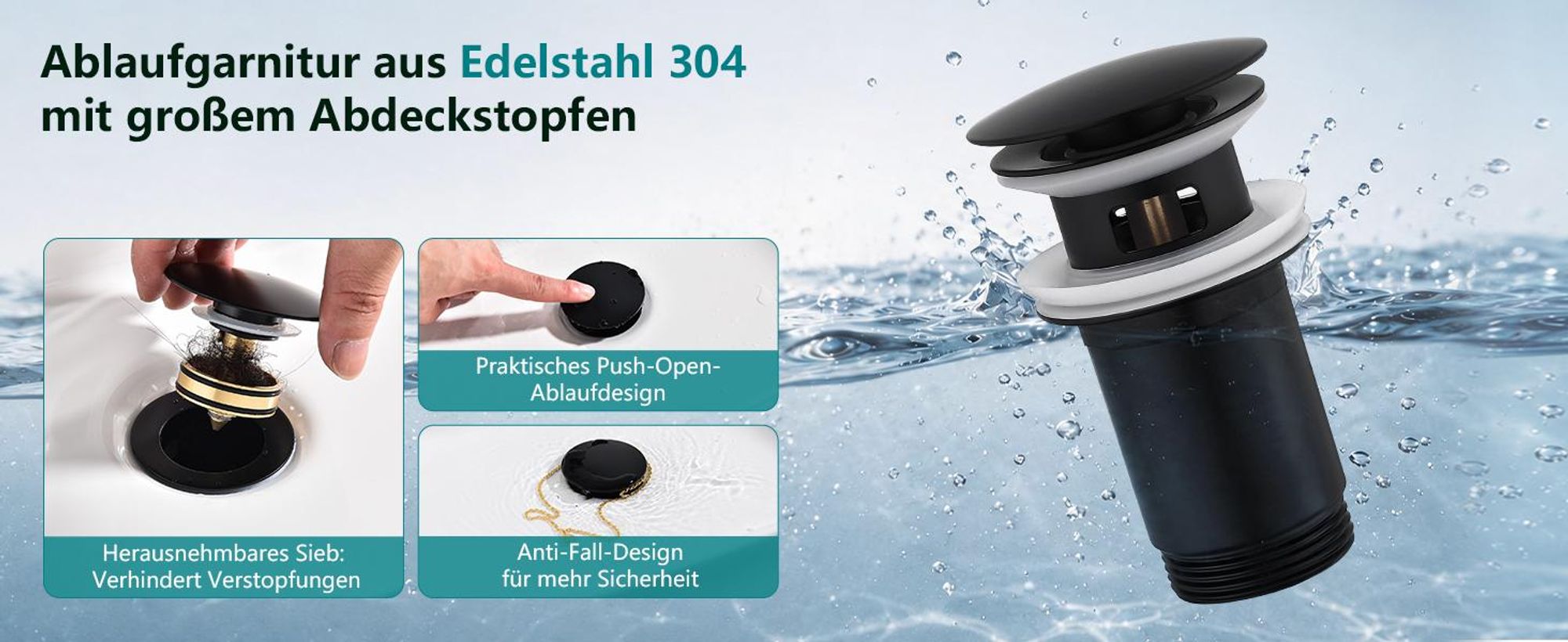 Homelody Badarmatur mit Pop-Up Ablaufventil, Wasserhahn Bad Schwarz Edelstahl,Waschtischarmatur mit Ablaufgarnitur 1 1/4 Zoll Edelstahl Ventil Ablauf