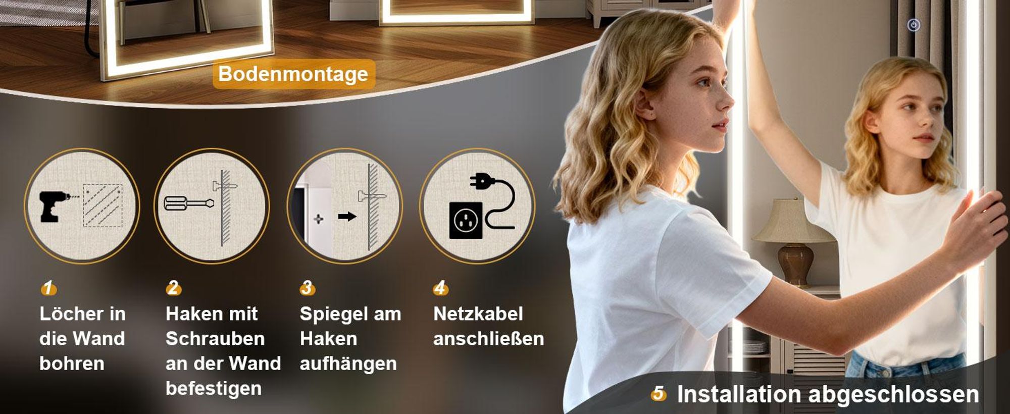 Koonmi LED Ganzkörperspiegel 180 x 76 cm stabiler Rahmen mit Touch, LED Spiegel mit Touchsteuerung, 3 Lichtfarben und beschlaghemmender