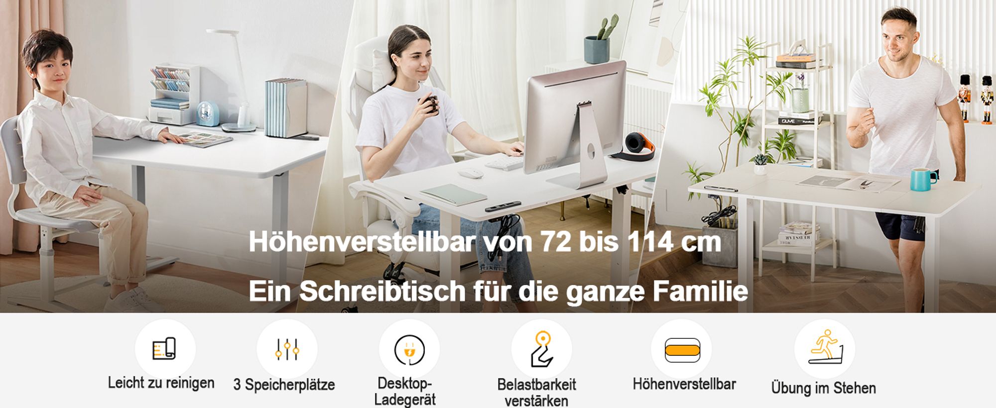 COMHOMA Schreibtisch Höhenverstellbarer Computertisch elektrisch, stufenlos, mit Steckdose und Haken