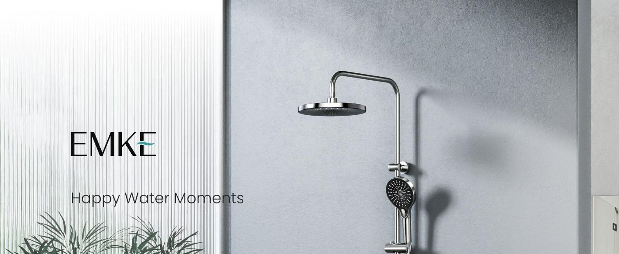 EMKE® Duschsystem mit Thermostat Chrom mit LED-Ambientebeleuchtung blau, Digitalanzeige, Regendusche 250mm, Badewannenauslauf & Glasablage F25