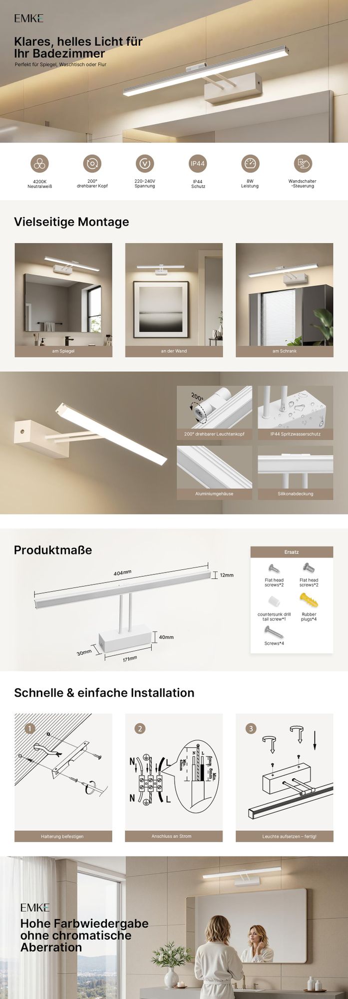 EMKE LED Spiegellampen Spiegelleuchte IP44 für Bad LED-Wandleuchte 40cm, 200° drehbar Schrankleuchte Weiß 4200K