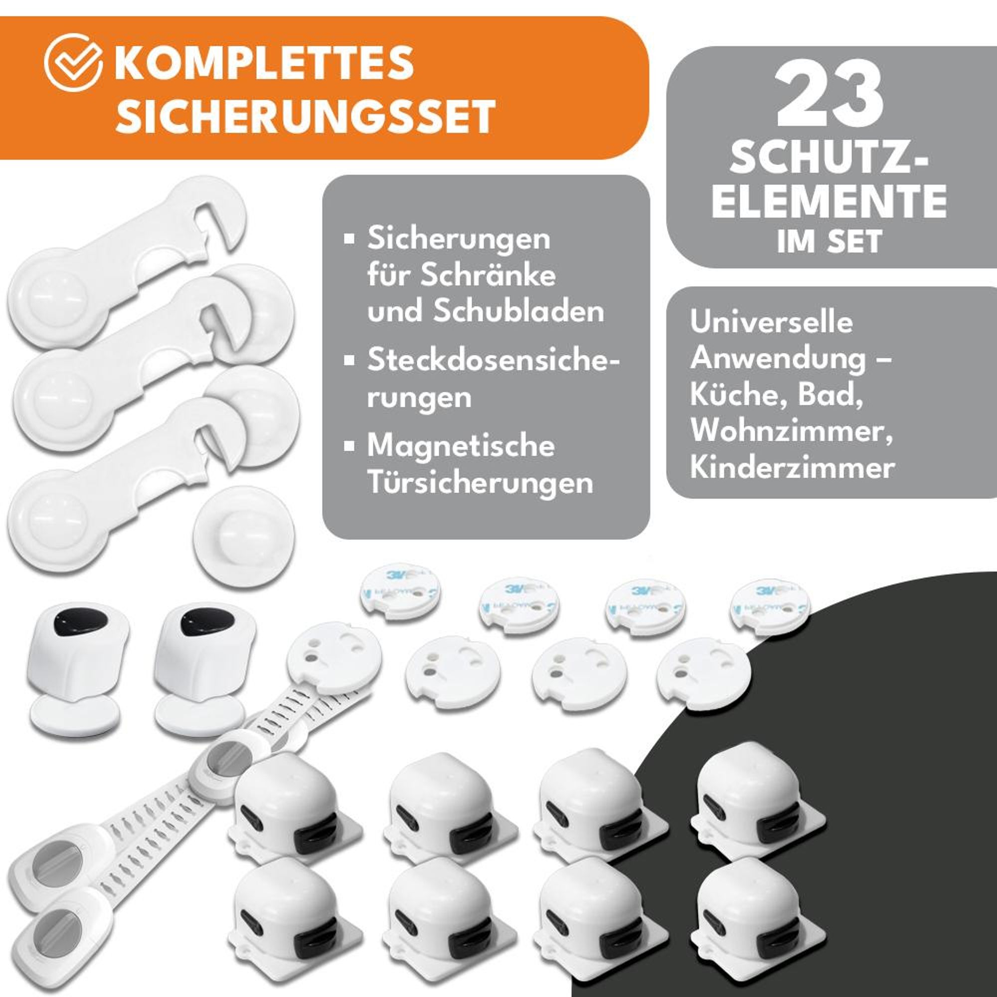 KRUMAD Kindersicherung Set 23 Stück - Schranksicherung & Schubladensicherung ohne Bohren, Magnetverschluss für Schränke, Steckdosen Kindersicherung
