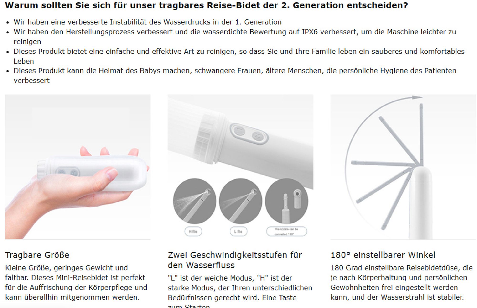 Po Dusche 140ml, IPX6 Wasserdichter Elektrischer Mobiles Reise Bidet Popodusche mit Düse 180-Grad-Anpassung, für Babypflege, Wochenbett, Behinderung