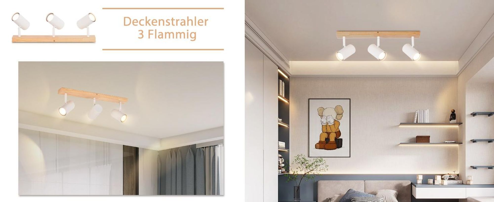 ZMH lampa sufitowa biały reflektor sufitowy 3 płomienie drewniana lampa sufitowa GU10 reflektor sufitowy obrotowy 350° reflektor do salonu sypialnia kuchnia korytarz jadalnia