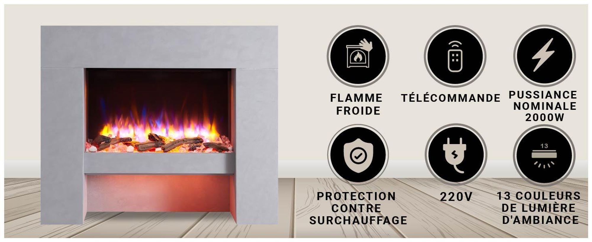 Cheminée électrique sur pied BALDERIA Naran – Puissance de chauffage jusqu'à 2 000 W, aspect béton