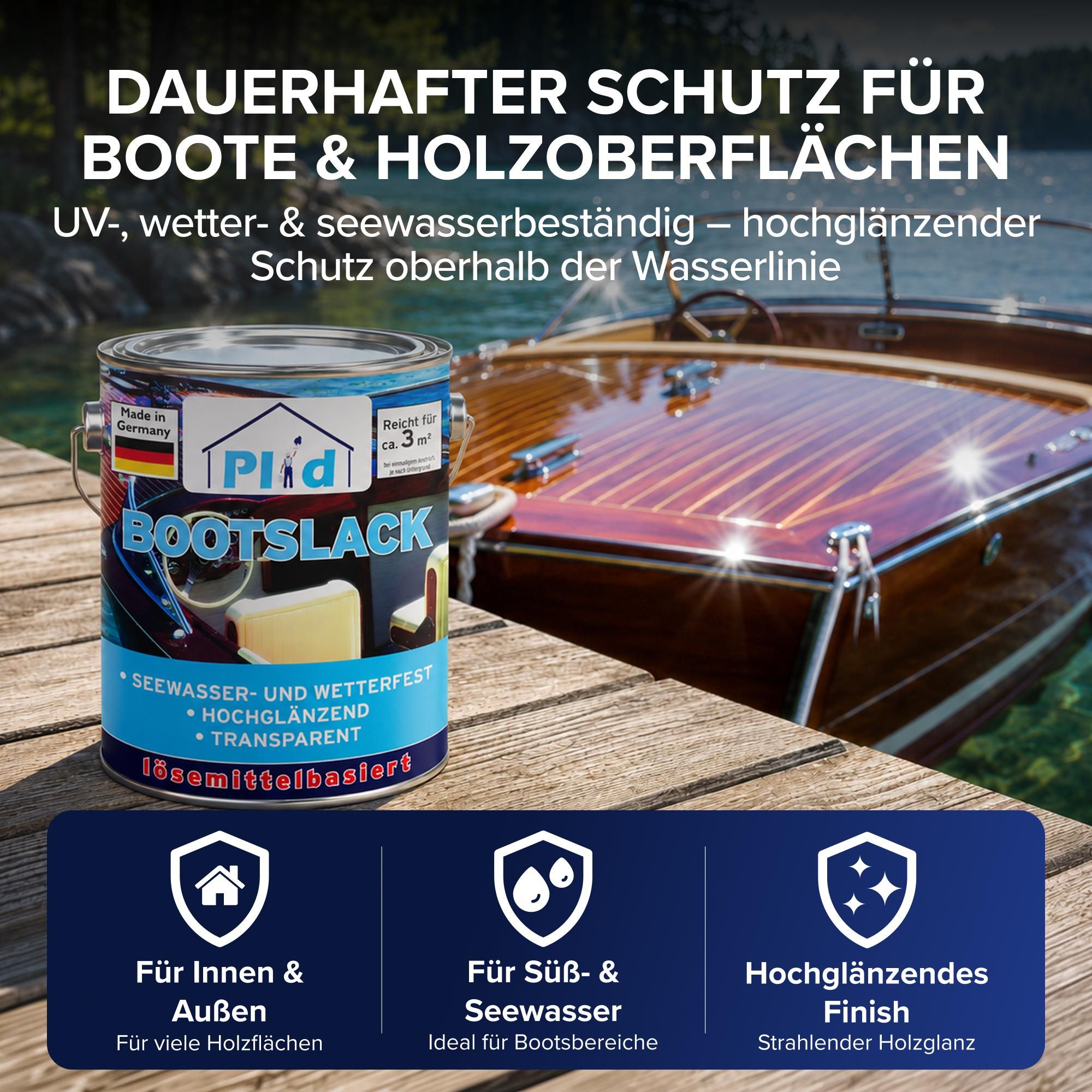 Plid Bootslack farblos hochglänzend 2,5 l mit Pinselset 3-teilig, Klarlack