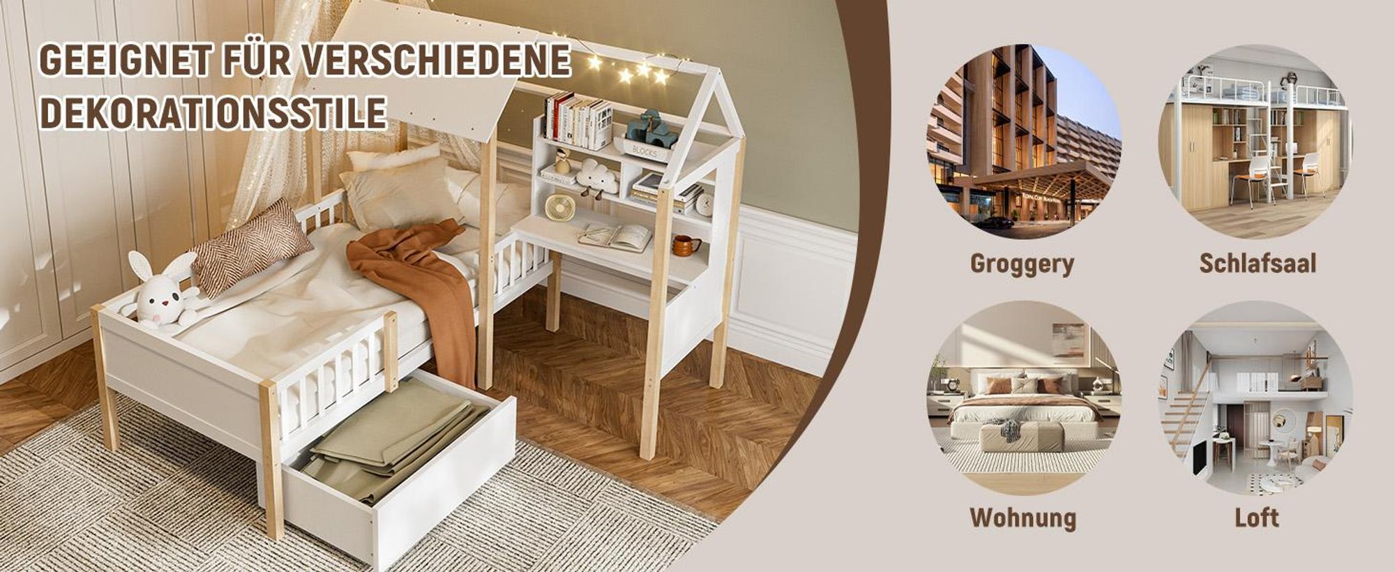 LVHOM Hausbett 90x200cm mit Schublade, Kinderbett mit Schreibtisch L-Form und Bücherregal, Kinderbett mit Lattenrost und Rausfallschutz, Holzbett