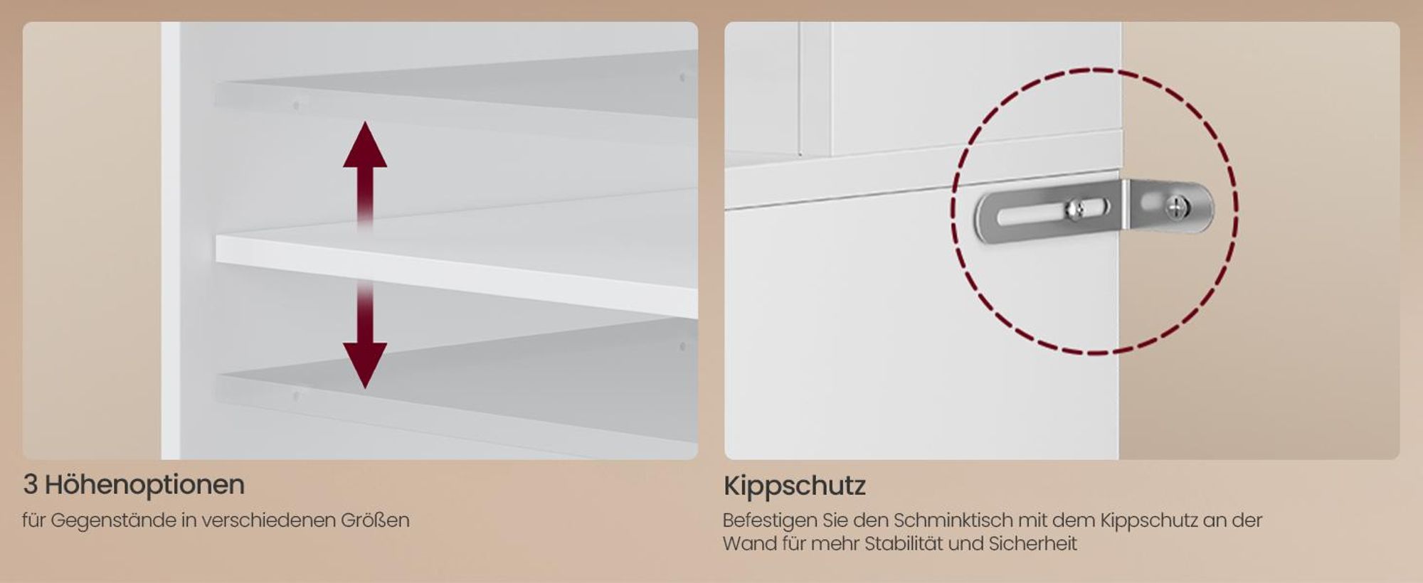 VASAGLE Schminkkommode, mit Spiegel und Beleuchtung, Ladestation, 2 Schubladen, werkzeuglose Gleitschienen, weiß
