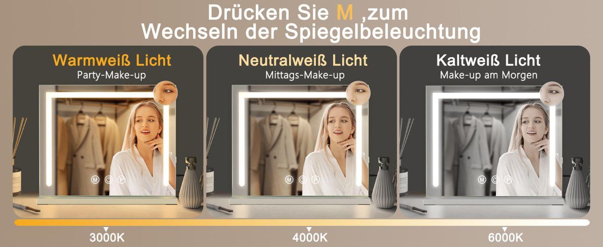 Specchio da trucco ZMH con luci LED regolabili, dimensioni 50x42 cm, 3 modalità di illuminazione a colori, ingrandimento 5x, porta USB, ideale per camera da letto e cabina armadio