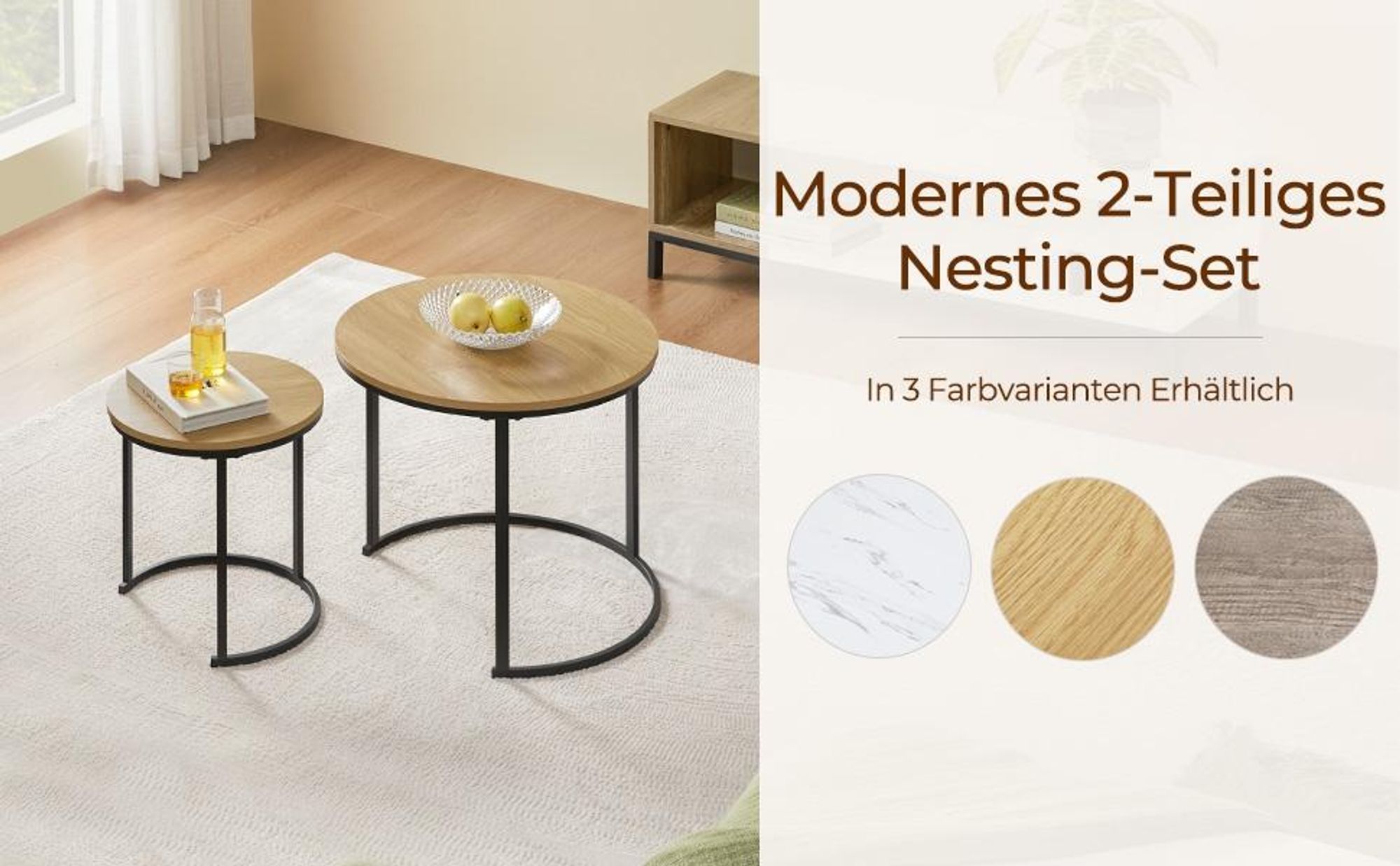Yaheetech Couchtisch 2er Set, runder Beistelltisch Set, Sofatisch mit Metallgestell, Satztische für Wohnzimmer Schlafzimmer, Eiche