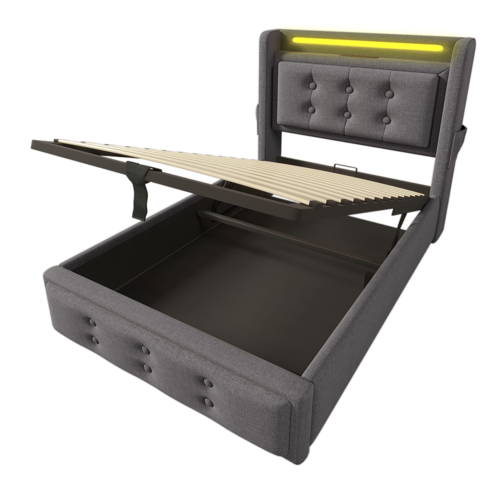 Flieks Polsterbett 90x200cm mit Ladefunktion, Einzelbett Jugendbett mit LED, Hydraulisches Stauraumbett Boxspringbett mit Lattenrost, Baumwolle, Grau