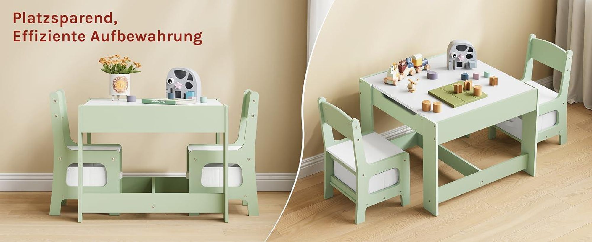 WOLTU Kindertisch mit 2 Stühlen, Kindersitzgruppe mit Stauraum, für Kinder ab 2 Jahren, Grün + Weiß