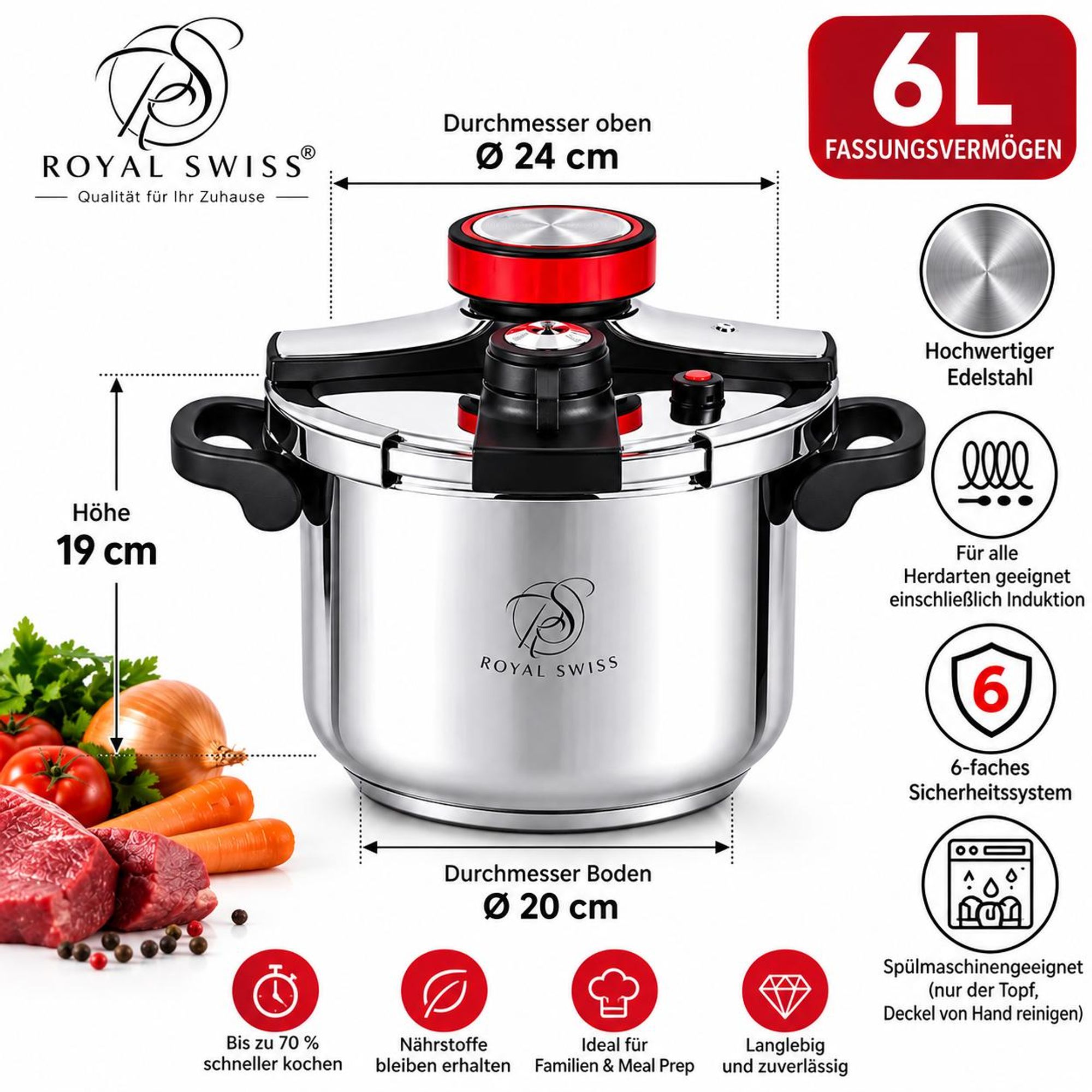 Royal Swiss 6L Schnellkochtopf – Edelstahl, Ø 24 cm, Induktion, 6-fach sicher