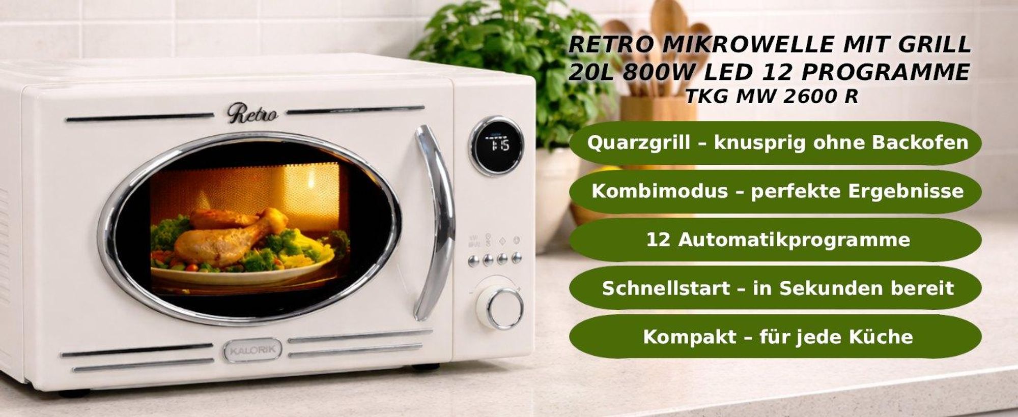 Retro Mikrowelle creme mit Grillfunktion MW 2600 DGC Kalorik 1150W 20L