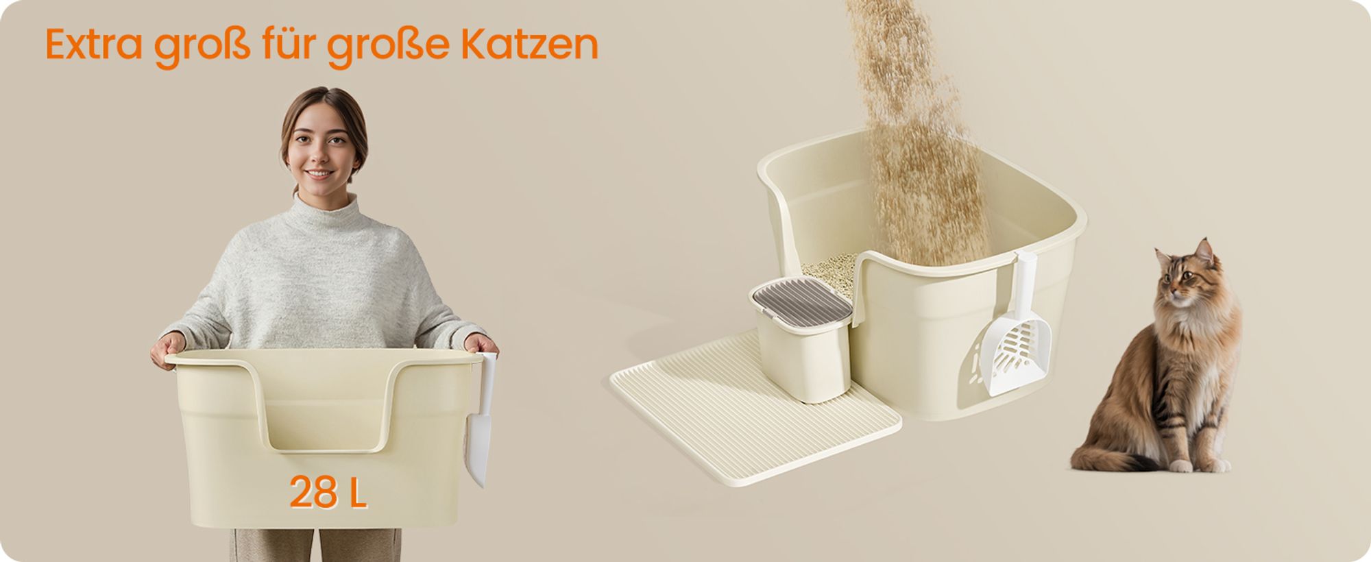 Feandrea extragroße Katzentoilette, für große Katzen, mit hohen Seitenwänden, Sandbeige