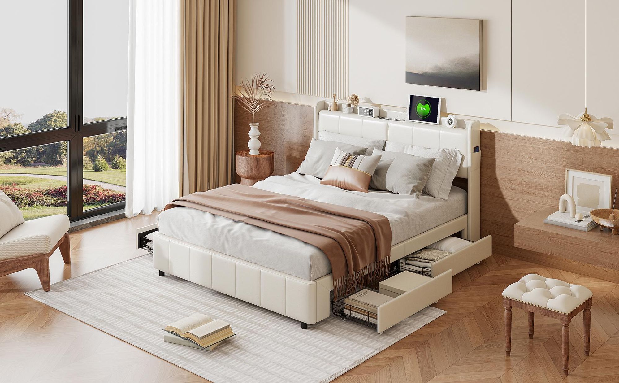 INONEFT Boxspringbett 160x200cm Polsterbett mit LED und USB,Doppelbett mit Lattenrost und 4 Schubladen, Stauraumbett Funktionsbett Samt, Beige.
