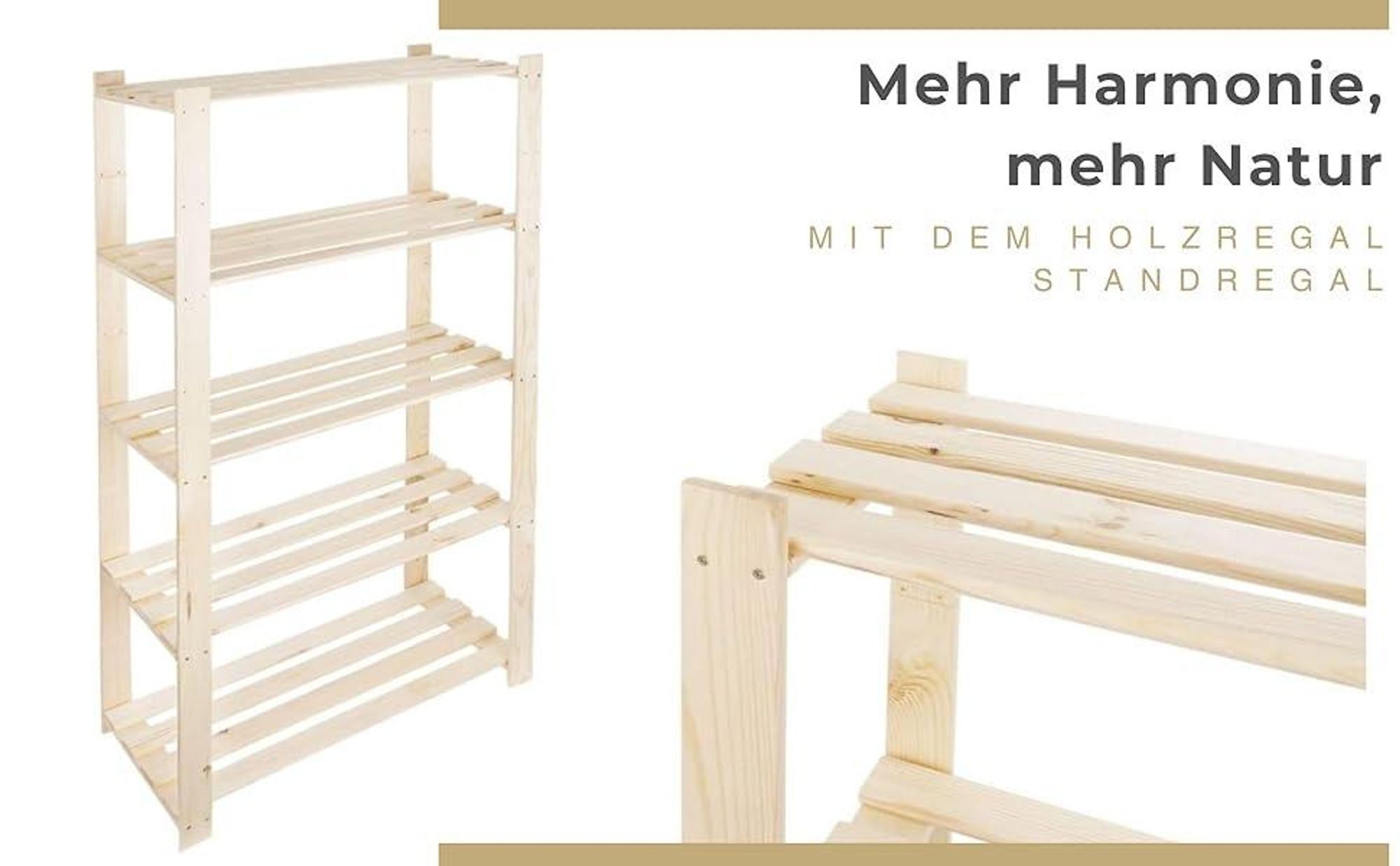 STOLMAK Holzregal Bücherregal 80x170x38 (BxHxT) Wandregal Natur Kiefernholz Massivholzregal Dekoregal 5 Ablagen Kieferregal