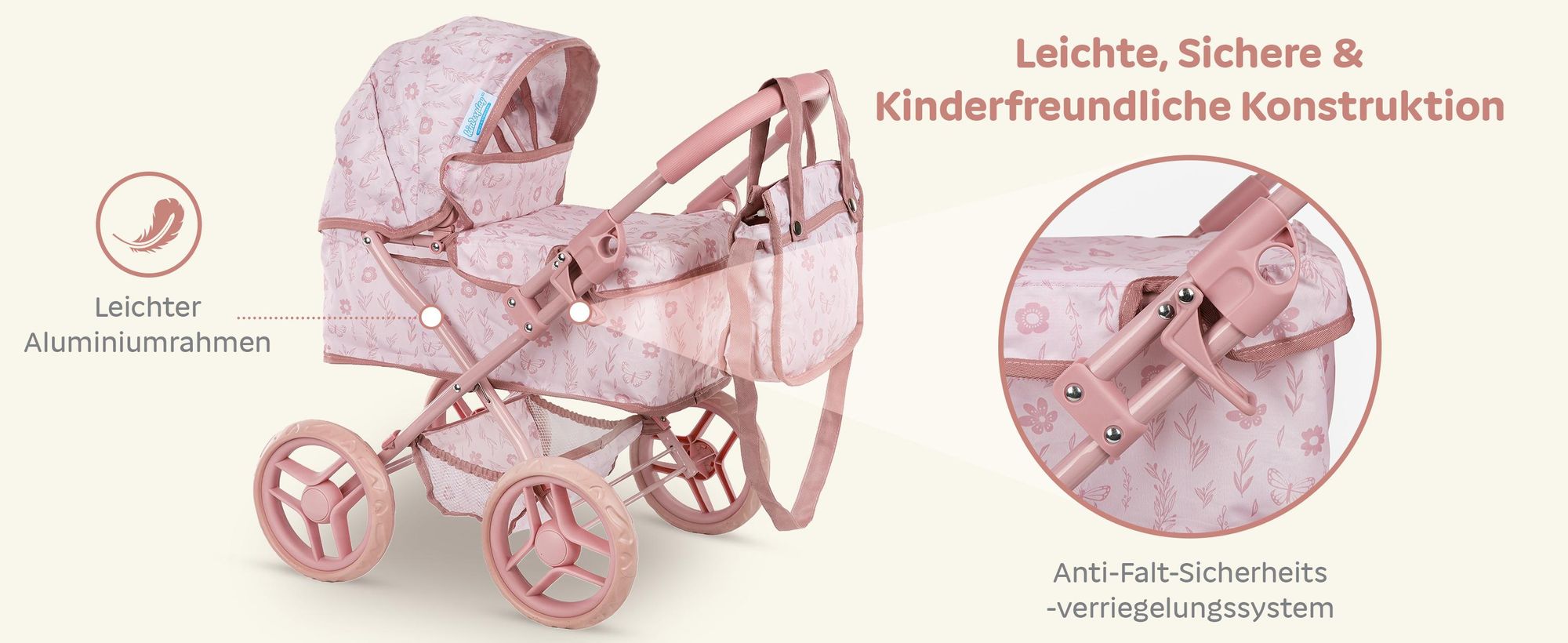 Puppenwagen mit Tasche und Klappdach – Kinderwagen für Puppen – rosa, höhenverstellbare Griffhöhe ca. 54 cm