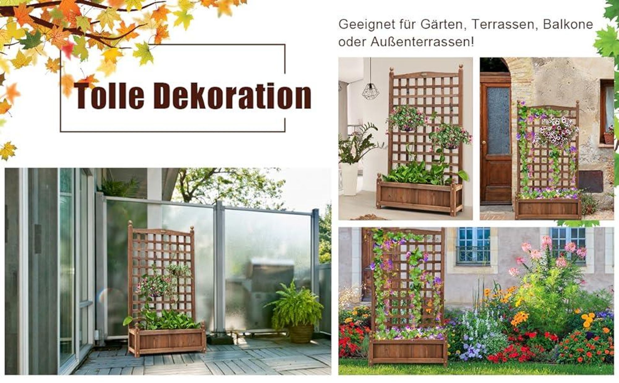 COSTWAY Blumenkasten mit Rankgitter, Pflanzkasten Holz, Hochbeet mit Spalier&Drainagelöchern, Gartenspalier Rankkasten für Garten 64,5x28x120 cm Braun